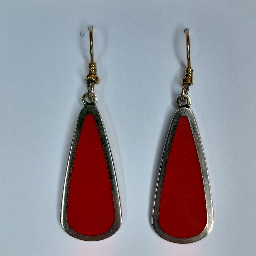 Vintage Laurel Burch OMEN Red Enamel Gold Plated Trim Teardrop Dangle Earrings